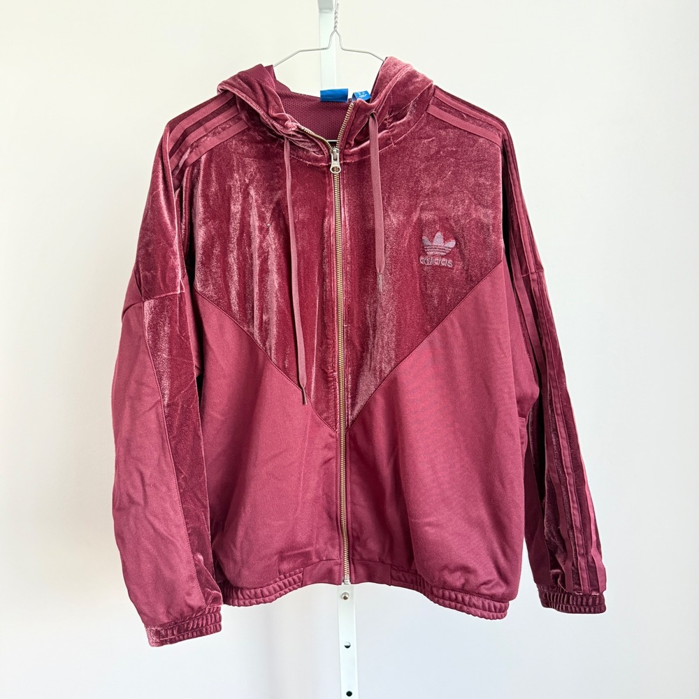 Adidas Velvet Moody Y2K Sporty Chic Retro Velour Zip Hoodie XS Maroon Burgundy